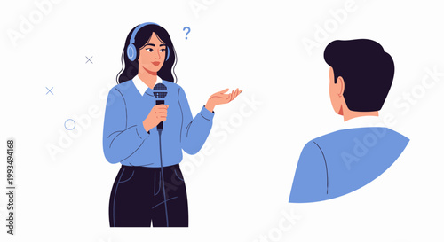 Journalist interviewing man with microphone and headphones, question mark above head