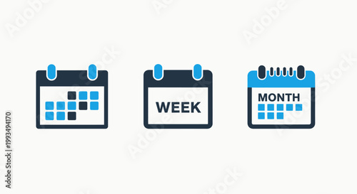 Collection of three calendar icons representing different time views: general grid weekly monthly schedule planners user interface graphic element project management calendar schedule