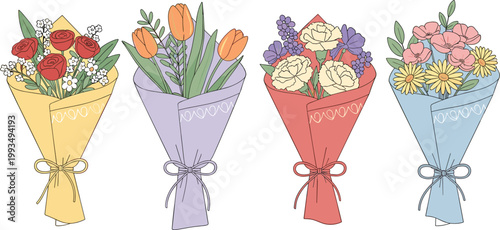 Hand drawn flower bouquets collection with tulips, roses and mixed blossoms, pastel floral arrangements set isolated on light background vector illustration