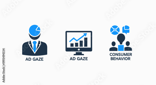 User analytics digital marketing monitor consumer behavior icons with business intelligence market research target audience web design app design dark blue light blue white background consumer