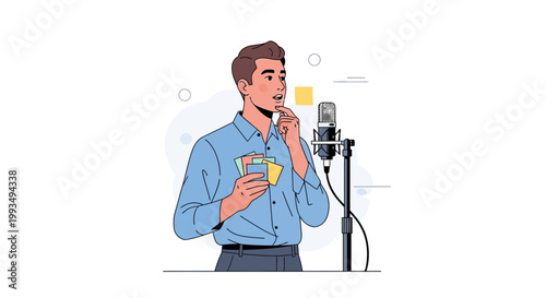 Man holding cards near microphone, thinking, podcasting, content creation, decision making