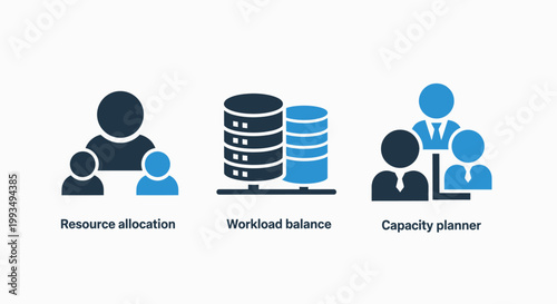 Resource allocation workload balance capacity planning business management icons with human resources white background business management planning strategy optimization database organization