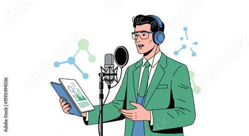 Man in Suit with Headphones Recording Voice Over in Studio with Microphone and Tablet