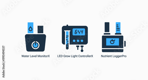 Icons for smart farming and environmental control devices including a water level monitor led grow light control nutrient logger for plant cultivation automation agriculture technology