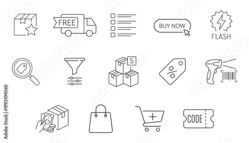 E-Commerce and Online Shopping Line Icon Set – Retail Logistics, Digital Marketing, Sales Promotion, and Delivery Service Symbols