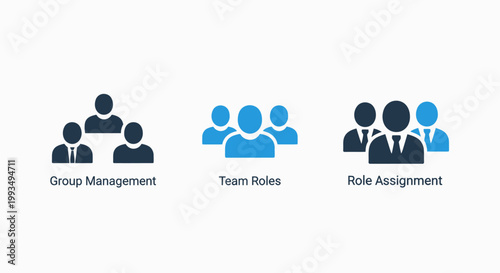 Professional flat icon set for group management team roles role assignment illustrating organizational structure and human resources department workflow management assignment business