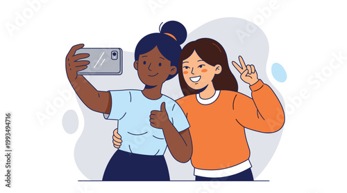 Two Young Women Taking A Playful Selfie Together with Joyful Expressions in a Bright Setting