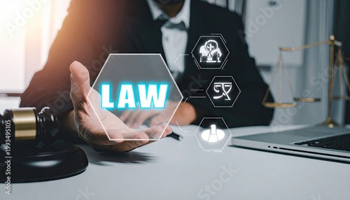 Businessman Holding Law Concept Hologram in Office Setting.