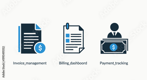 Financial invoice management and billing dashboard icon set including payment tracking with dollar currency symbols and professional business documentation financial dashboard tracking currency