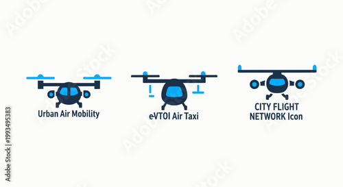 Set of urban air mobility icons featuring e vtol air taxi and city flight network aviation mobility aircraft transportation technology aerospace infrastructure transport autonomous commuting