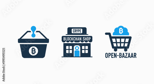 Digital cryptocurrency shopping and online marketplace storefront icons with currency shopping blockchain ecommerce business transaction internet technology commerce exchange storefront