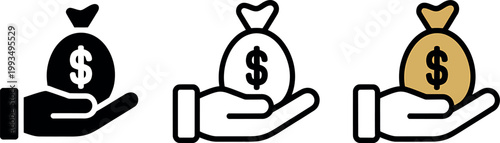 Three hands holding money bags illustration with different colors