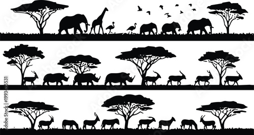Photography African safari silhouette landscape with wildlife animals and acacia trees, pano