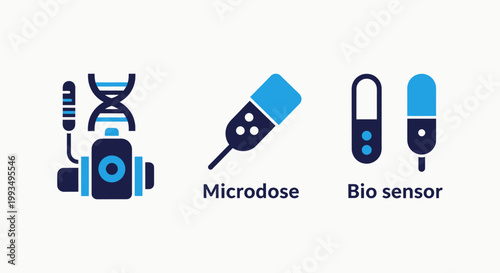 Biotechnology research and medical bio sensor technology icons with microdose genetics laboratory research pharmaceutical technology innovation healthcare diagnostic chemical analysis