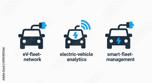 Electric vehicle fleet network analytics and smart fleet management icons with electric analytics management charging transport transportation automotive technology connectivity monitoring