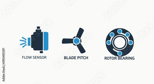 Industrial mechanical components technical icons set with flow sensor blade pitch rotor bearing engineering technical machinery industrial mechanical automation manufacturing technology