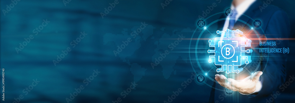 Obraz premium Businessman hand-holding business intelligence (BI) icons with analytics, data visualization, and network connections. Strategically leveraging insights for informed decision-making.