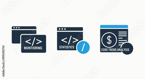 Web development monitoring and financial statistics analysis icons with development monitoring financial statistics analysis programming software currency reporting dashboard interface