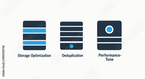 Data management and server optimization icons for storage and performance with optimization deduplication performance database computing management information technology efficiency capacity