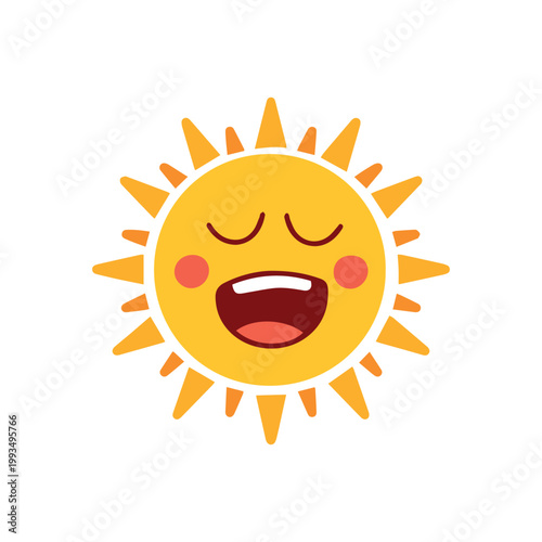 Cheerful sun character singing a happy song with an expressive open mouth and sharp, pointed rays. Great for musical themes, summer holidays, and children educational content.