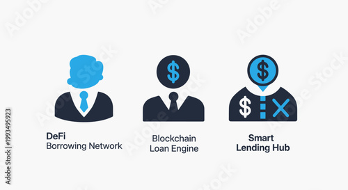 Set of three de fi and blockchain financial icons showing borrowing lending and loan engines with blockchain borrowing technology currency business investment financial transaction decentralize