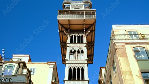 Cabin of Santa Justa elevator going down, Lisbon, Portugal on sunny
