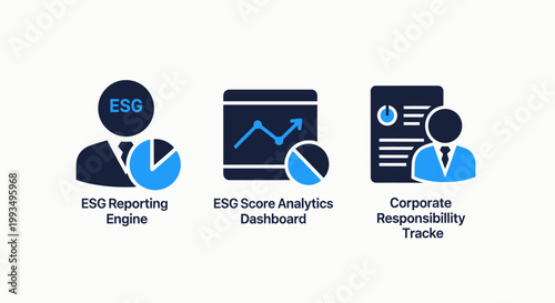 Esg reporting and corporate responsibility analytics icons with reporting analytics dashboard corporate responsibility sustainability business tracking environmental governance compliance