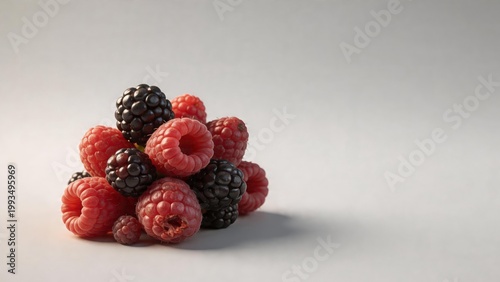 Mixed heap of fresh raspberries and blackberries on white background