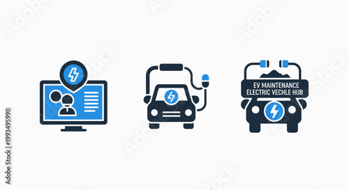 Electric vehicle charging point and power management system icons for sustainable automotive energy solutions with electric charging management automotive sustainable environment transport