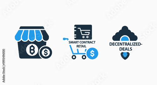 Set of digital retail and e-commerce icons featuring cryptocurrency store smart contract retail and decentralized deals ecommerce cryptocurrency contract decentralized business shopping