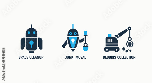 Industrial and technical icons for automated maintenance including space cleanup junk removal and debris collection machines with collection automation industrial maintenance technology cleaning
