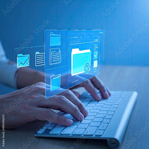 Hands Typing on Keyboard with Digital Interface Icons.