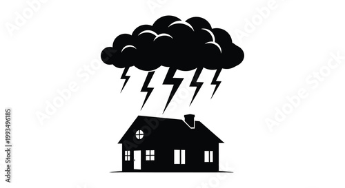 A dramatic storm rages above a small house depicted in black silhouette