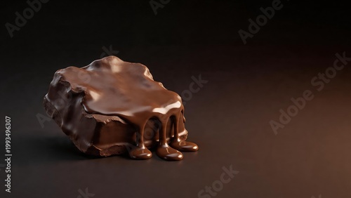 Liquid Chocolate Dripping over Dark Chocolate Bar Chunk on Brown Background