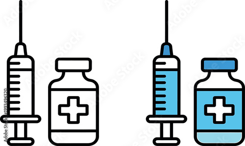 Medical syringe and vaccine bottle icon set illustration