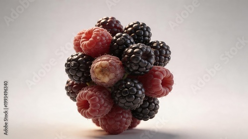 Mixed heap of raspberries and blackberries on white background
