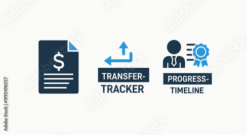 Business and financial progress tracking icons set with business tracking document transfer progress timeline management corporate accounting development planning strategy investment