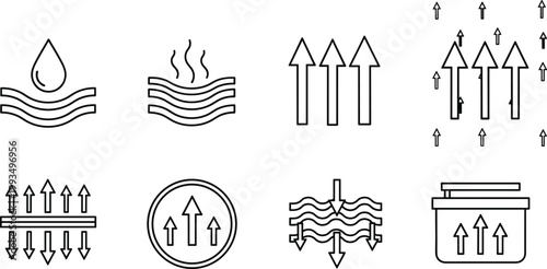 Breathable fabric vector icon set featuring absorbent material properties air flow arrows and moisture wicking textile line illustrations.