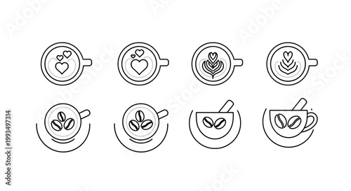 Top view of coffee cups with latte art and coffee beans, presenting decorative patterns and organic elements in line art style