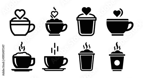 Creative coffee cup and disposable cup icons with hearts and foam for takeaway cafe branding and specialty beverage logos flat vector set on white background
