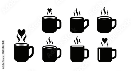 Minimalist black coffee mug icons with steam and heart shapes for cafe identity or kitchen decor flat vector design elements on white background daily caffeine