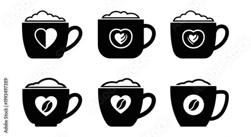 Six black silhouette icons displaying coffee mugs topped with thick foam featuring heart shapes or single coffee bean illustrations