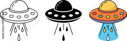 Colorful flying saucer UFOs with flames isolated transparent background illustration