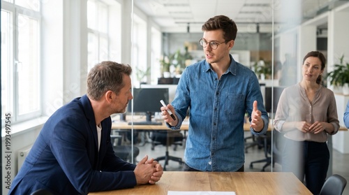 Colleagues discussing business strategy in a modern office setting