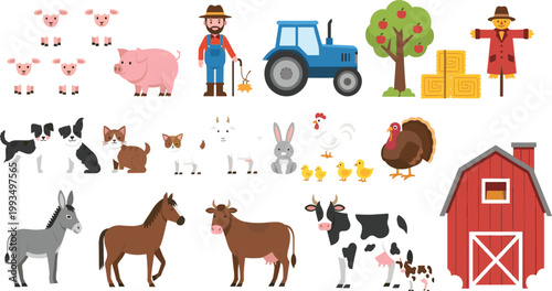 Farm animals and agriculture elements collection including cow, horse, pig, chicken, tractor, barn and farmer, cute rural vector set isolated background