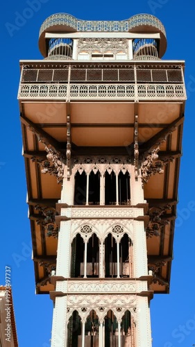 Close- view of historic Santa Justa elevator cabin going up, Lisbon