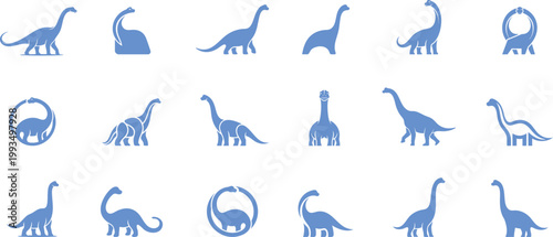 Blue Brachiosaurus Dinosaur Icons - Long Neck Sauropod Logo Collection in Blue Color, Prehistoric Theme Graphics for Kids, Apps and Modern Branding