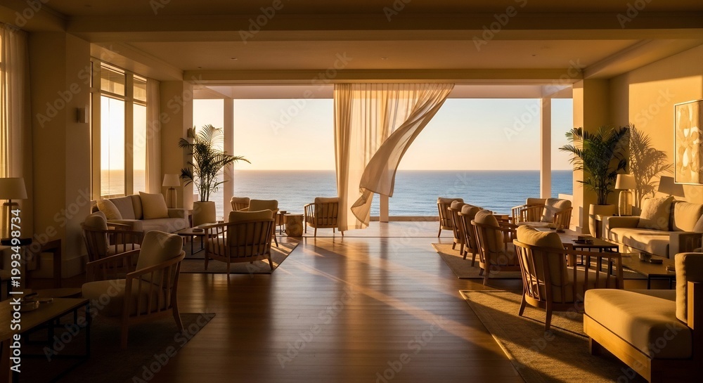 Fototapeta premium Luxury hotel lobby with ocean view at sunset.
