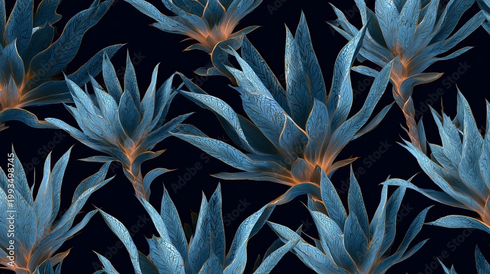 Naklejka premium Agave cactus forms an abstract pattern on a dark blue background.