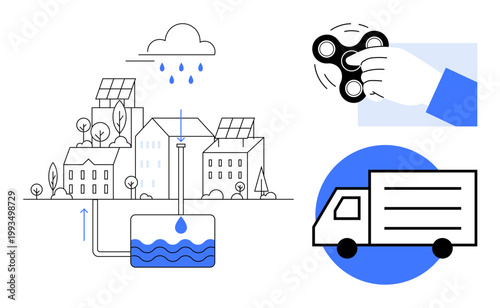 Green cities, resource management, sustainable transport, urban development, innovation, user interaction. Rainwater harvesting system, delivery truck hand with fidget spinner. Urban development